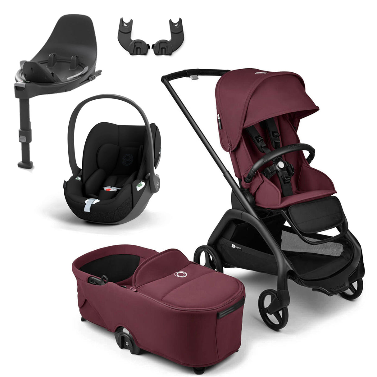 Bugaboo Dragonfly Travel System with Cybex Cloud T + Rotating Isofix Base - Black/Dark Cherry