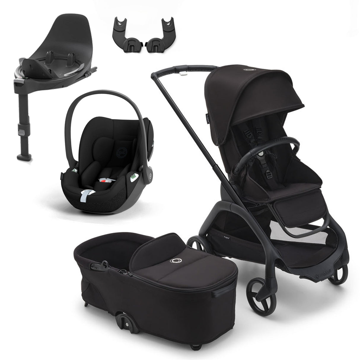 Bugaboo Dragonfly Travel System with Cybex Cloud T + Rotating Isofix Base - Black/Midnight Black