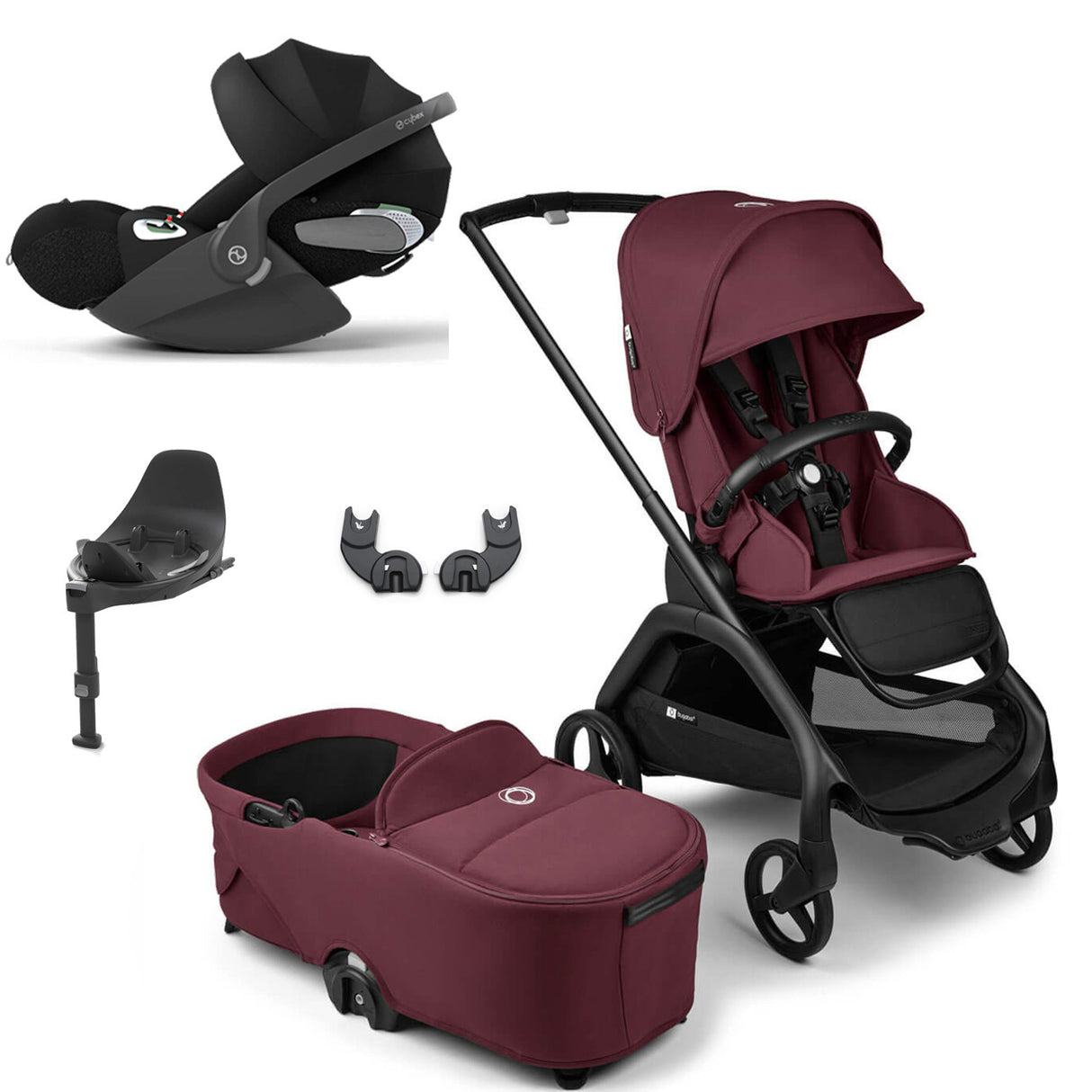 Bugaboo Dragonfly Travel System with Cybex Cloud T + Rotating Isofix Base - Black/Dark Cherry