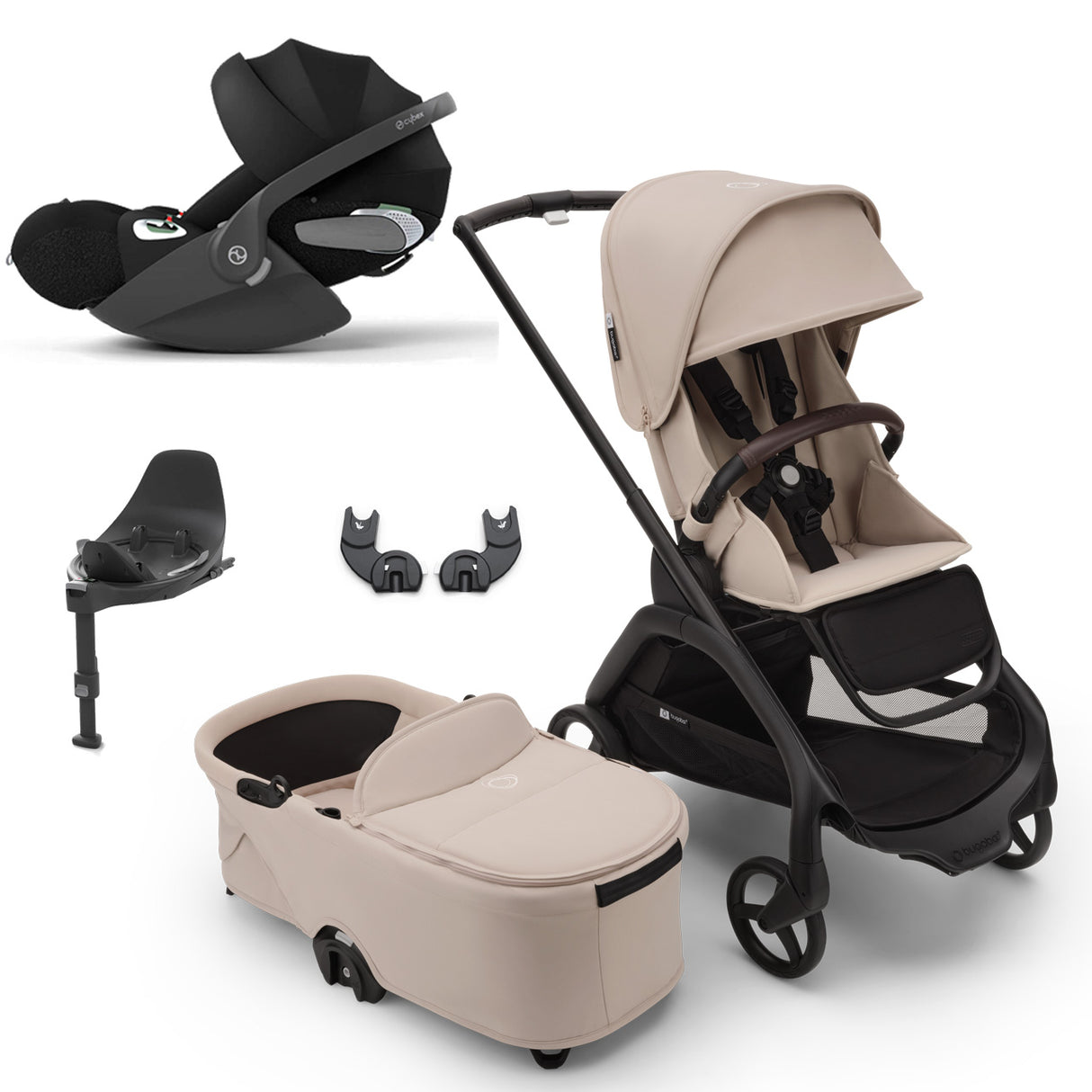 Bugaboo Dragonfly Travel System with Cybex Cloud T + Rotating Isofix Base - Black/Desert Taupe