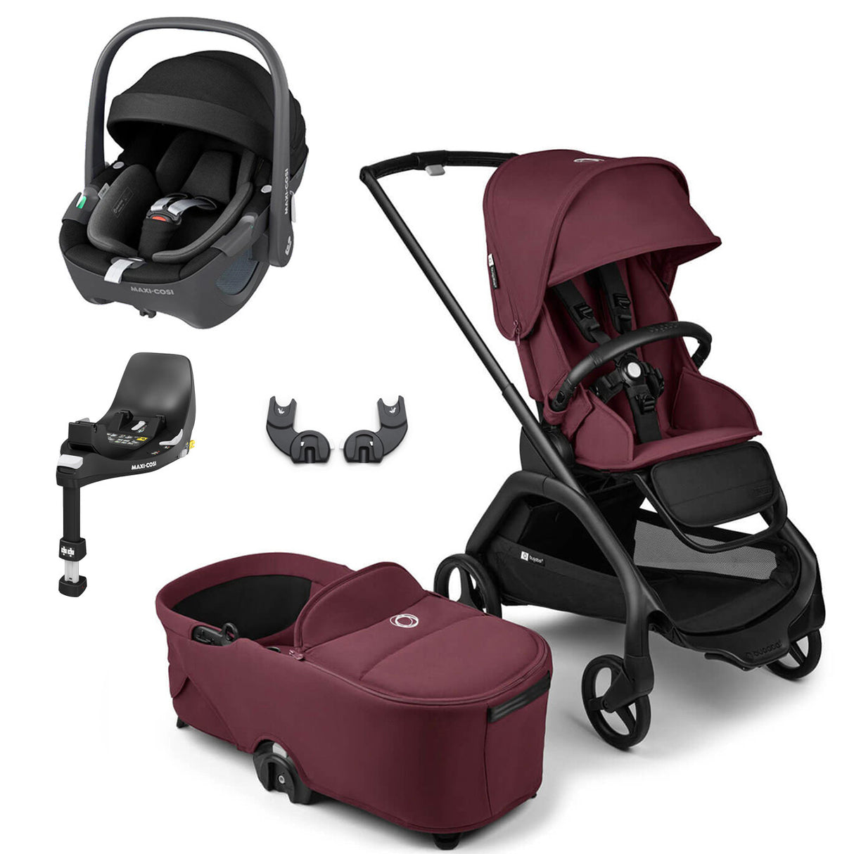 Bugaboo Dragonfly Travel System with Maxi-Cosi Pebble 360 + Rotating Isofix Base - Black/Dark Cherry