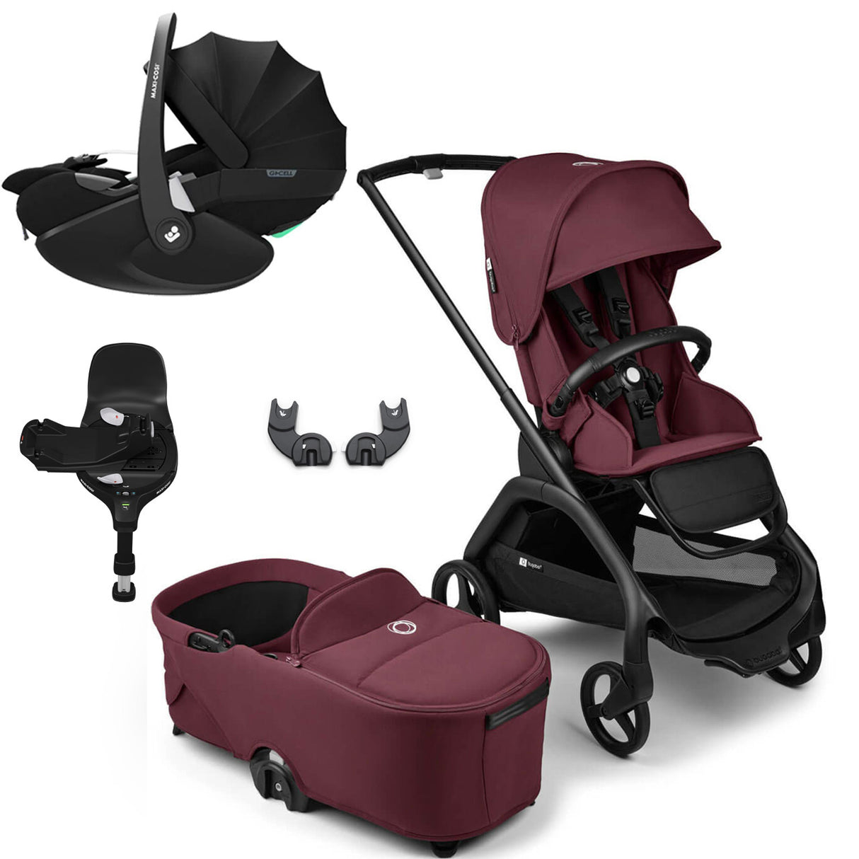 Bugaboo Dragonfly Travel System with Maxi-Cosi Pebble 360 Pro2 + Rotating/Sliding Base - Black/Dark Cherry