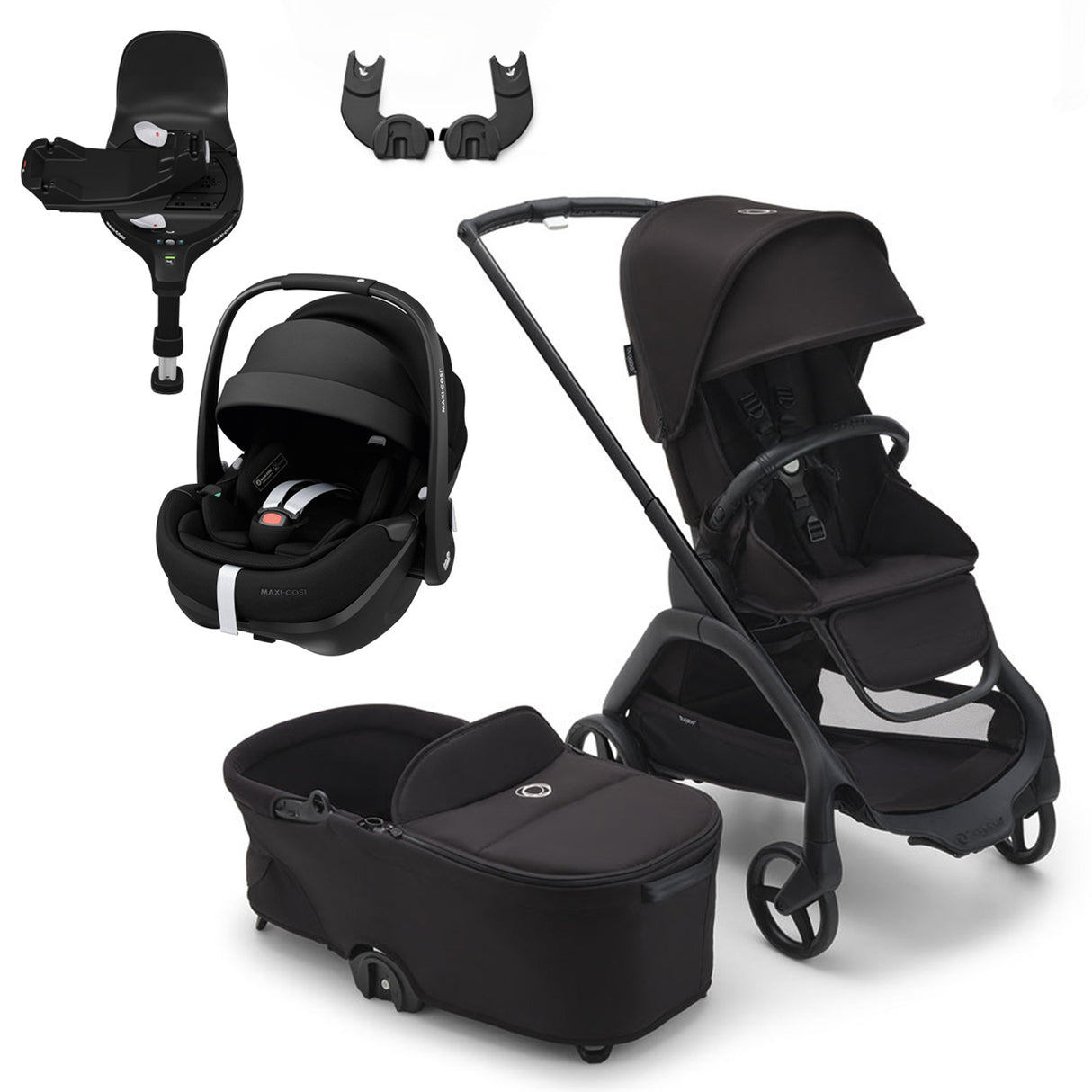 Bugaboo Dragonfly Travel System with Maxi-Cosi Pebble 360 Pro2 + Rotating/Sliding Base - Black/Midnight Black