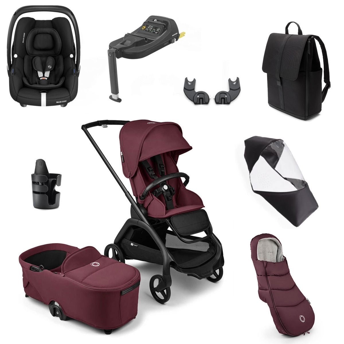 Bugaboo Dragonfly Ultimate Maxi-Cosi Cabriofix i-Size Travel System Bundle - Black/Dark Cherry