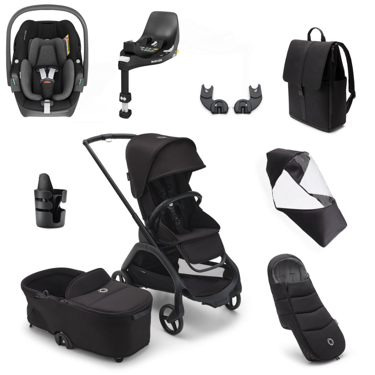 Bugaboo Dragonfly Ultimate Maxi-Cosi Pebble 360 Travel System Bundle - Black/Midnight Black