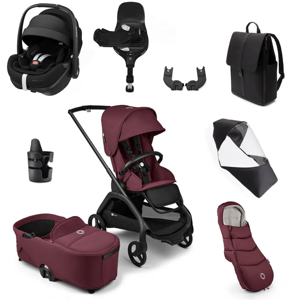 Bugaboo Dragonfly Ultimate Maxi-Cosi Pebble 360 Pro2 Travel System Bundle - Black/Dark Cherry