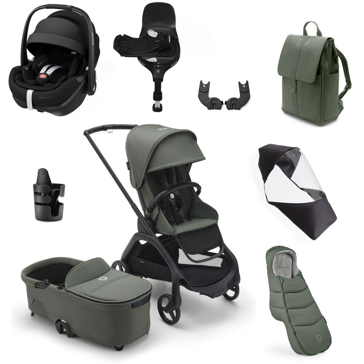 Bugaboo Dragonfly Ultimate Maxi-Cosi Pebble 360 Pro2 Travel System Bundle - Black/Forest Green