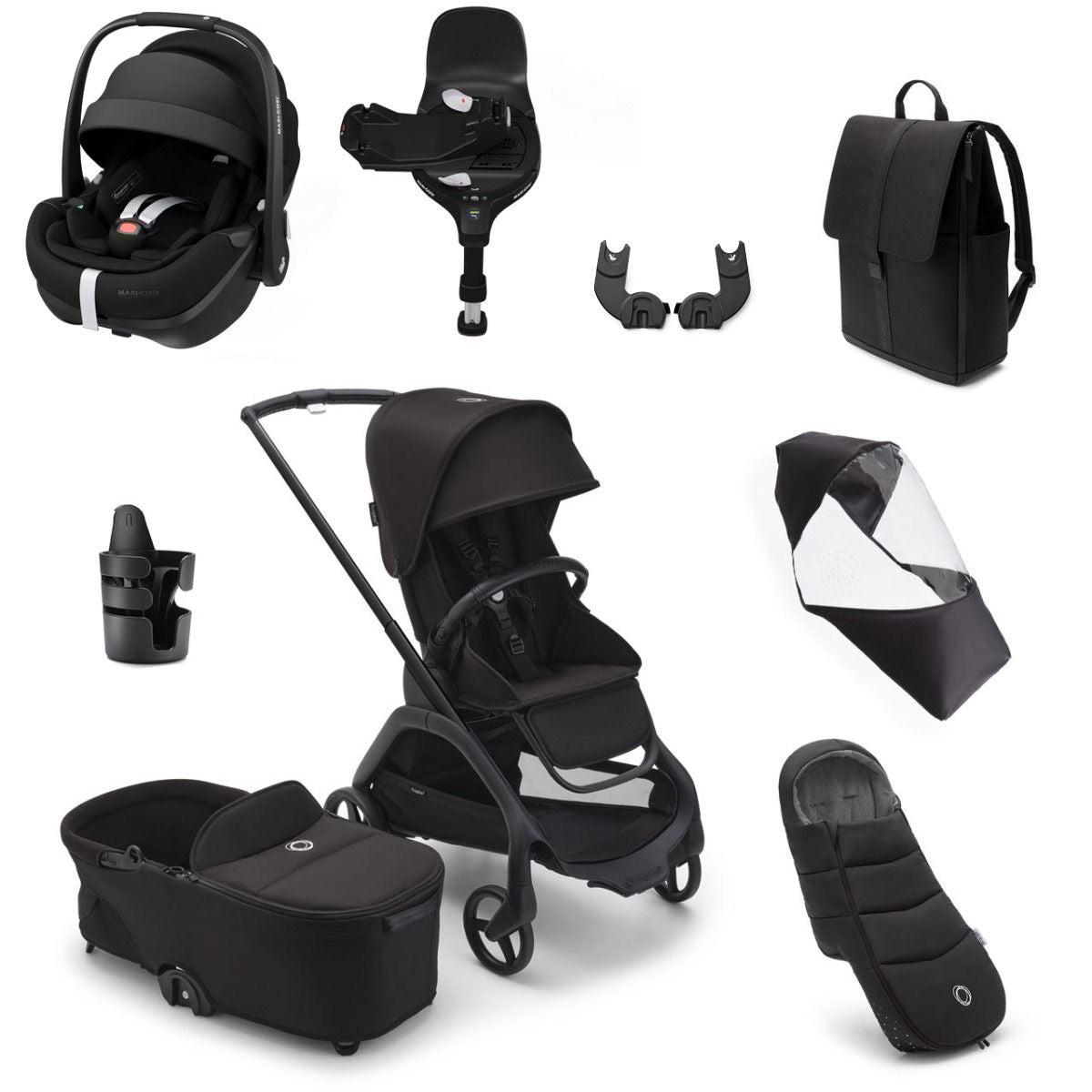 Bugaboo Dragonfly Ultimate Maxi-Cosi Pebble 360 Pro2 Travel System Bundle - Black/Midnight Black