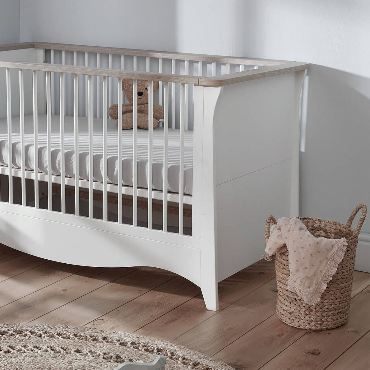 CuddleCo Clara 3 Piece Nursery Furniture Set (Cot Bed, Dresser & Wardrobe) - White and Ash