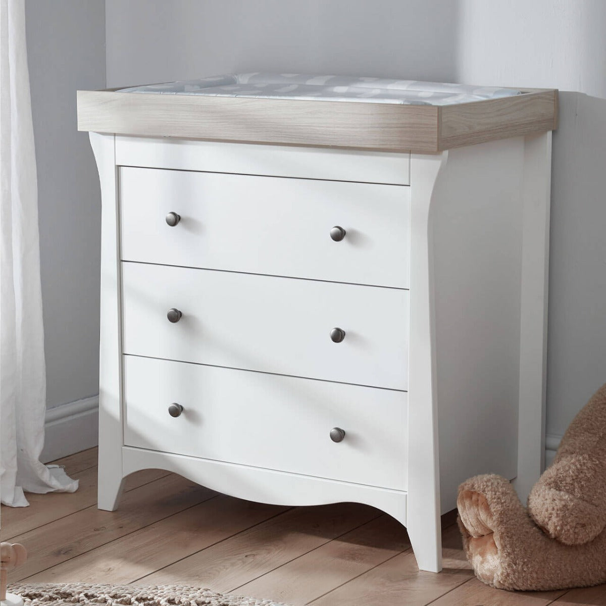 CuddleCo Clara 3 Piece Nursery Furniture Set (Cot Bed, Dresser & Wardrobe) - White and Ash
