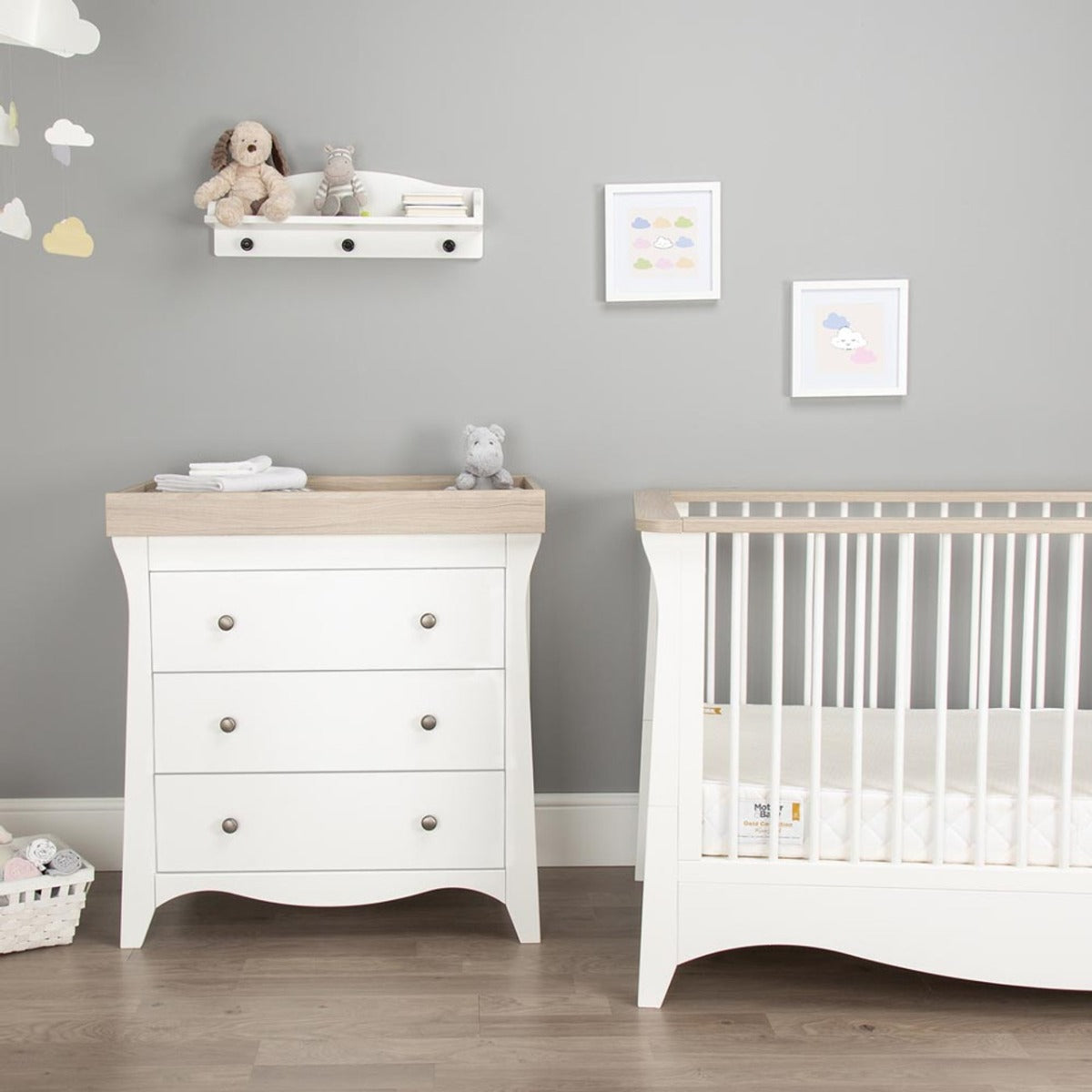 CuddleCo Clara 3 Piece Nursery Furniture Set (Cot Bed, Dresser & Wardrobe) - White and Ash