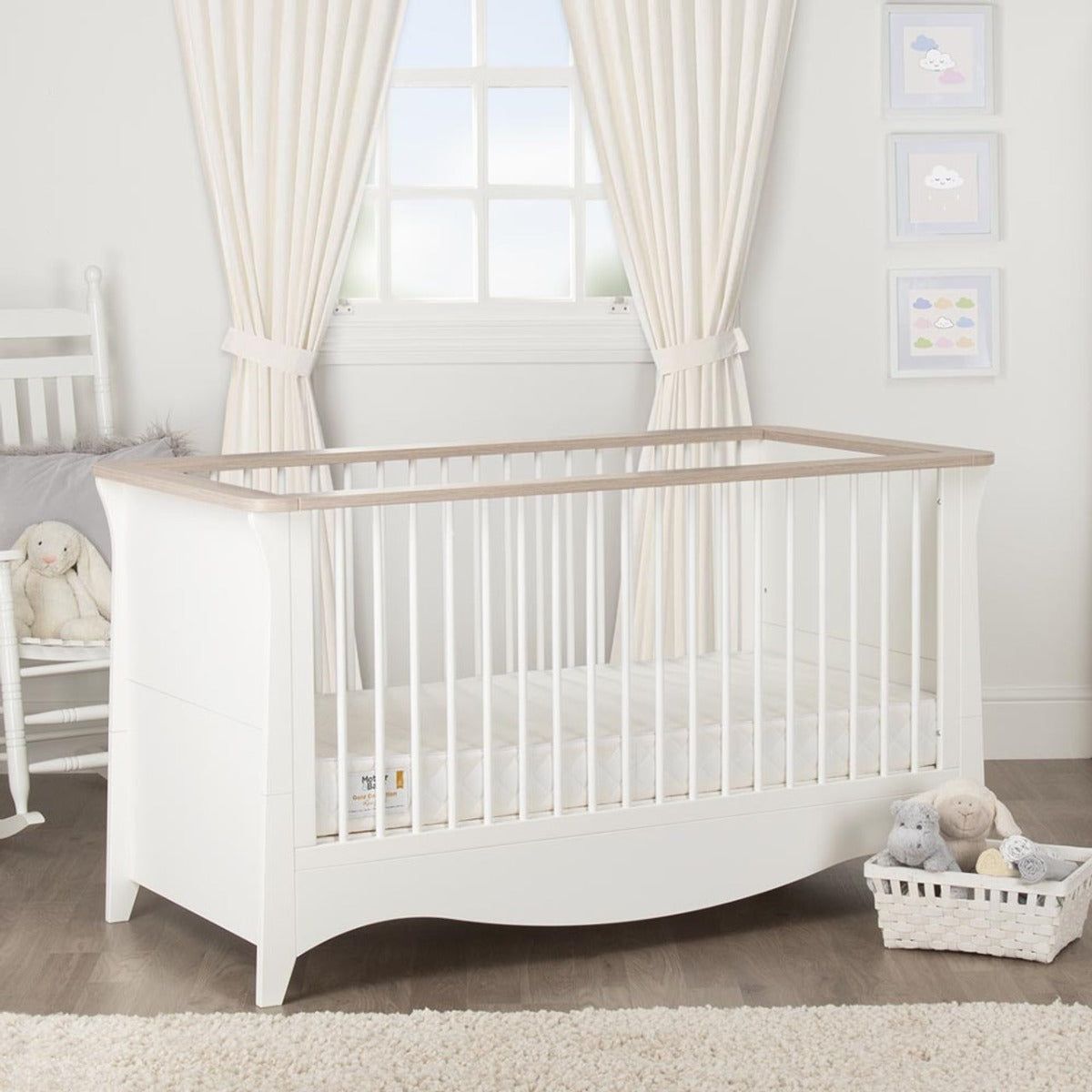 CuddleCo Clara 3 Piece Nursery Furniture Set (Cot Bed, Dresser & Wardrobe) - White and Ash