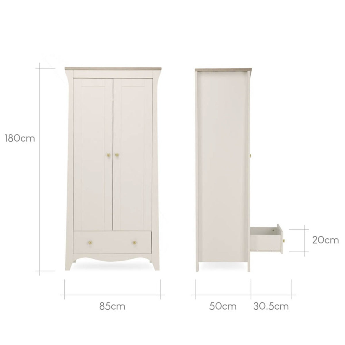 CuddleCo Clara 3 Piece Nursery Furniture Set (Cot Bed, Dresser & Wardrobe) - Cashmere and Ash