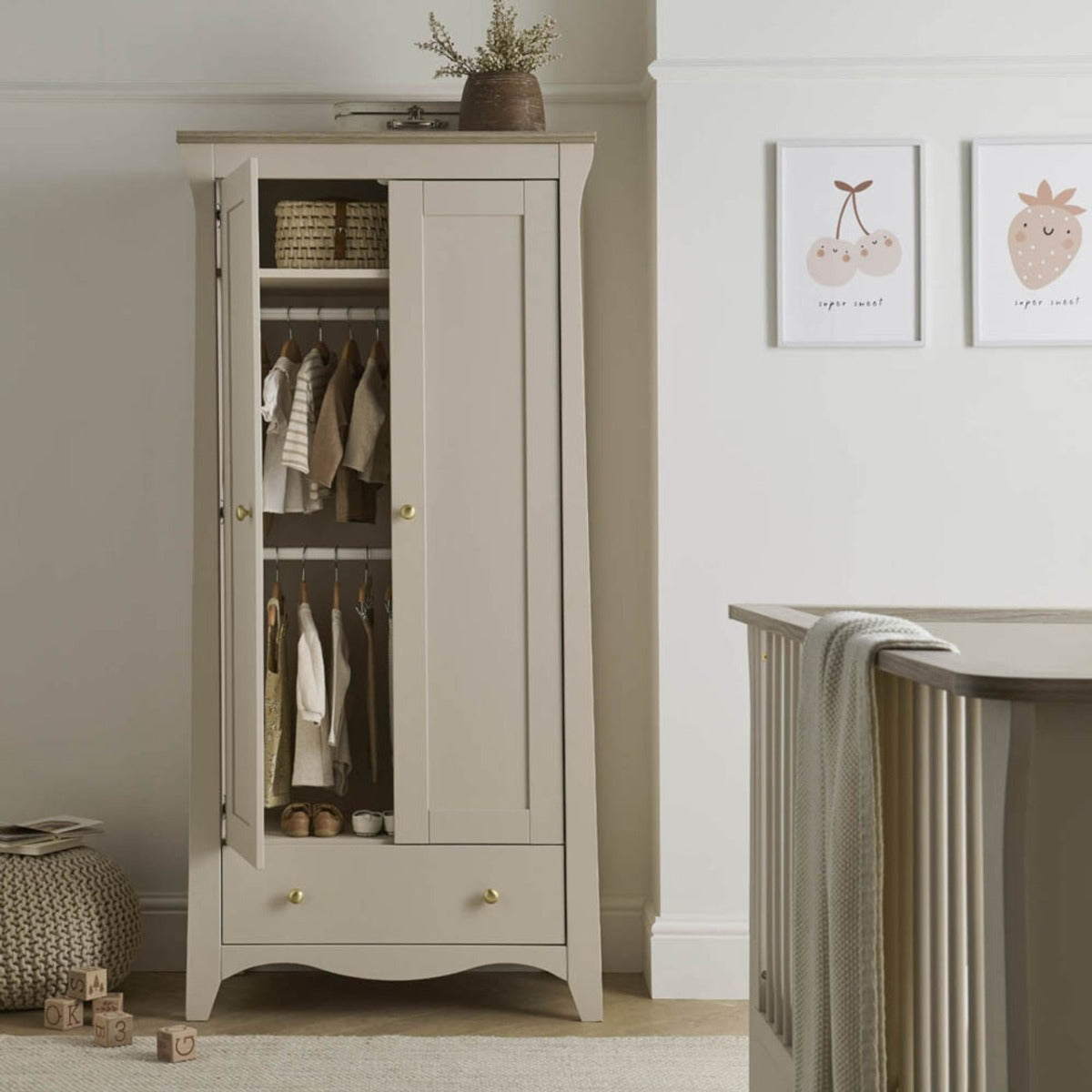 CuddleCo Clara 3 Piece Nursery Furniture Set (Cot Bed, Dresser & Wardrobe) - Cashmere and Ash