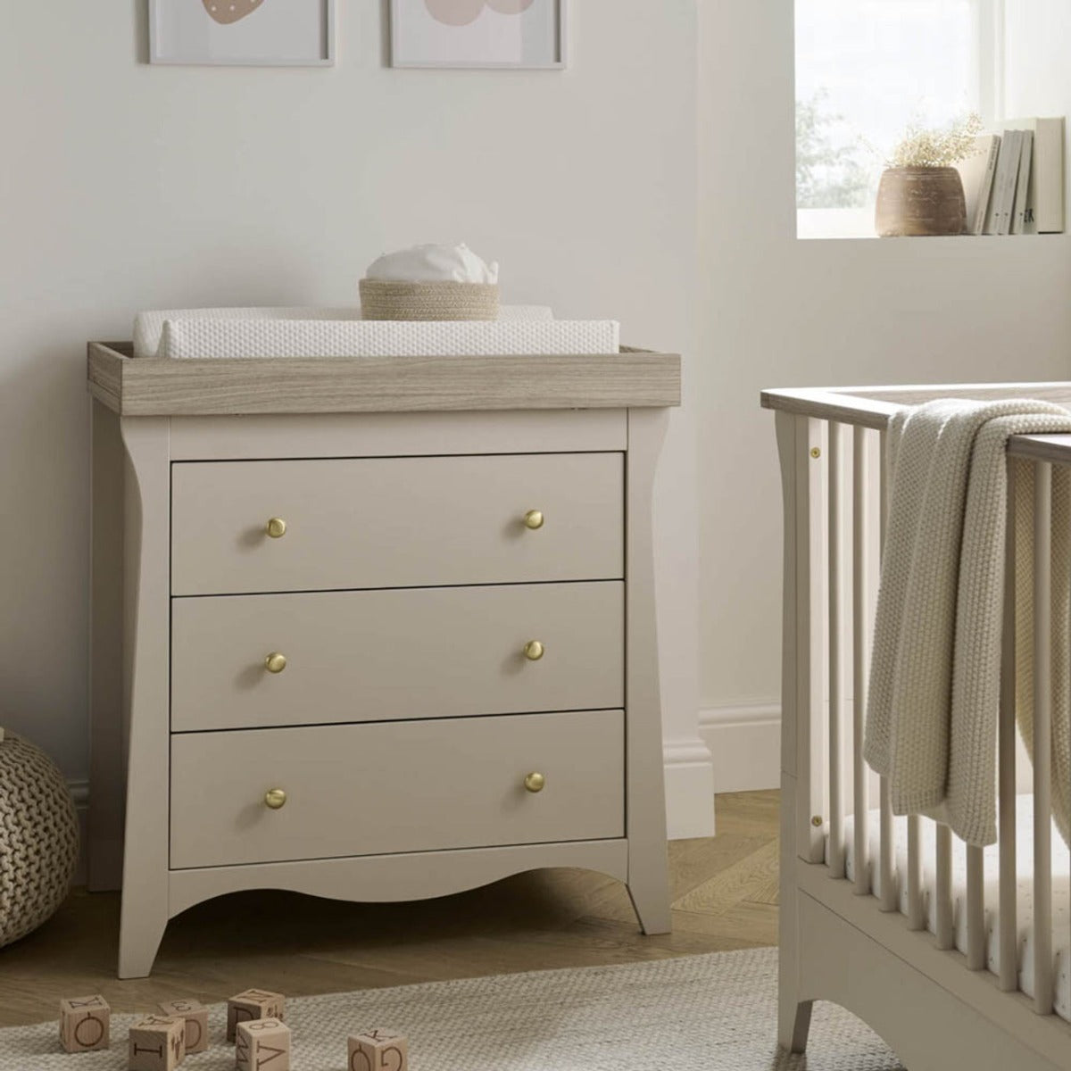 CuddleCo Clara 3 Piece Nursery Furniture Set (Cot Bed, Dresser & Wardrobe) - Cashmere and Ash