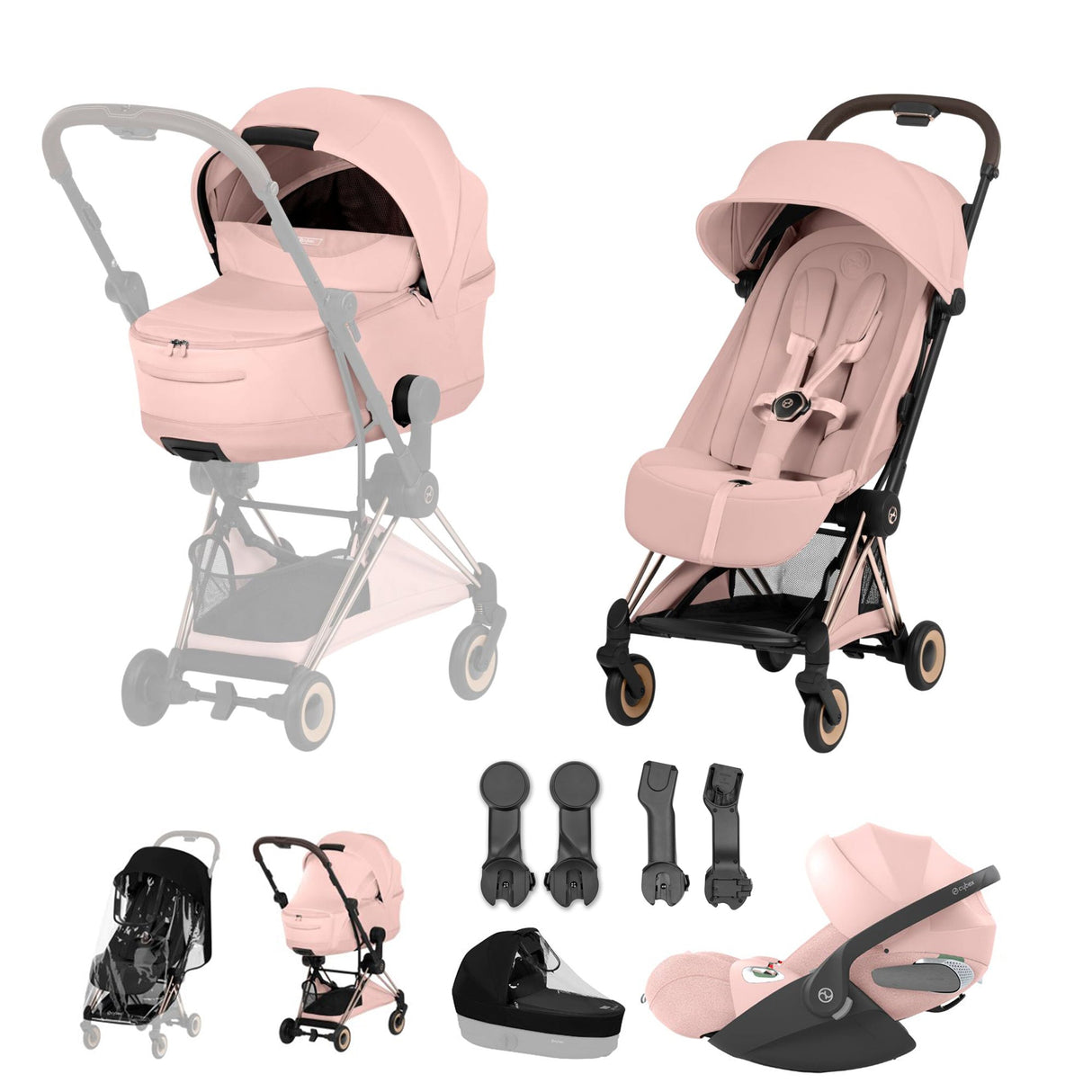 Cybex Coya Fold Cot Travel System Bundle - Style Peach Pink with Rose Gold Frame