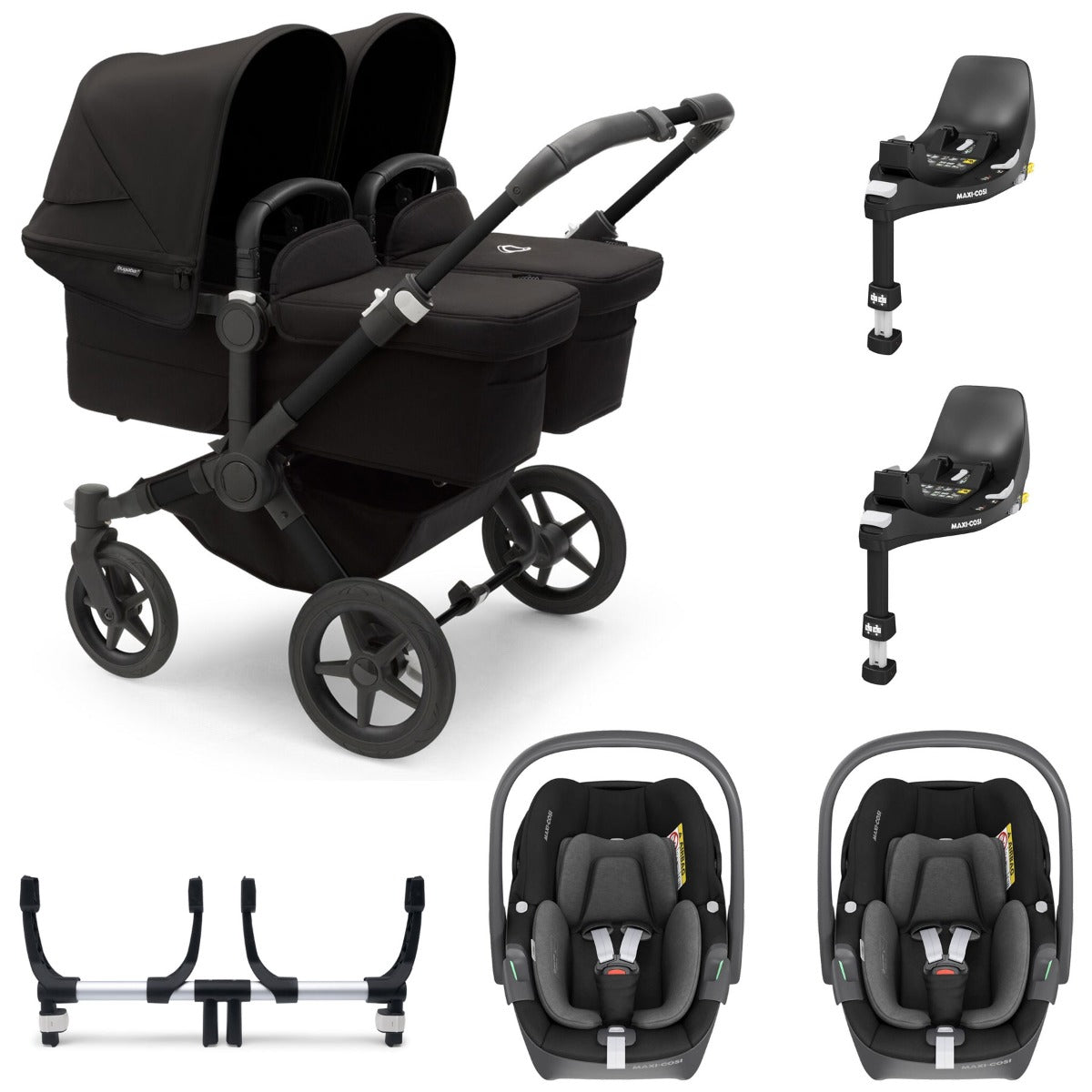 Bugaboo Donkey 5 Twin with Maxi-Cosi Pebble 360 Travel System - Black/Midnight Black