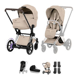 Cybex e-PRIAM Fold Cot Accessory Bundle - Style Cozy Beige & Chrome Brown Frame