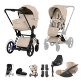 Cybex e-PRIAM Fold Cot Travel System Bundle - Style Cozy Beige & Matt Black Frame