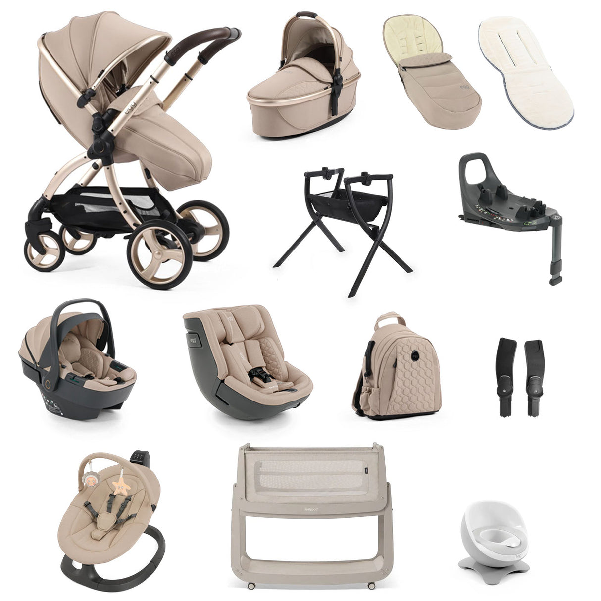 Egg 3 Ultimate Shell 360 Car Seat & Nursery Essentials Bundle - Feather