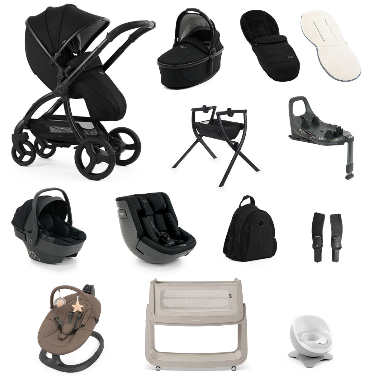 Egg 3 Ultimate Shell 360 Car Seat & Nursery Essentials Bundle - Panther