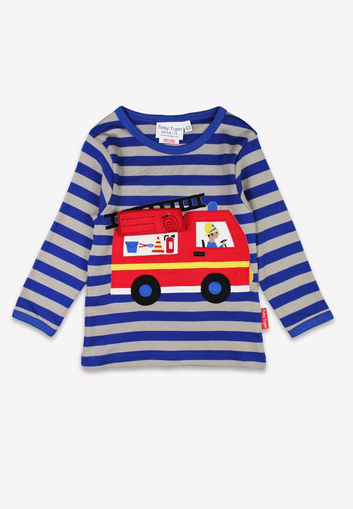 Toby Tiger Organic Blue Fire Engine Applique Long-Sleeved T-Shirt