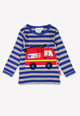 Toby Tiger Organic Blue Fire Engine Applique Long-Sleeved T-Shirt