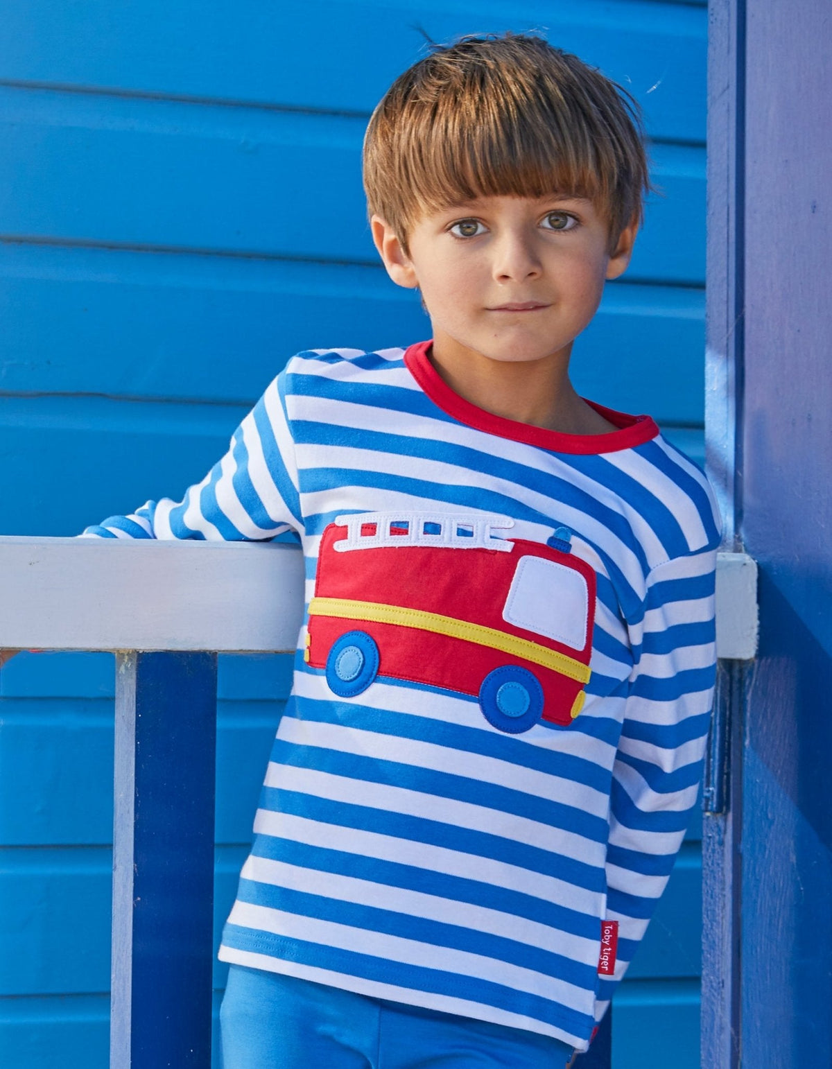 Toby Tiger Organic Fire Engine Applique Long-Sleeved T-Shirt
