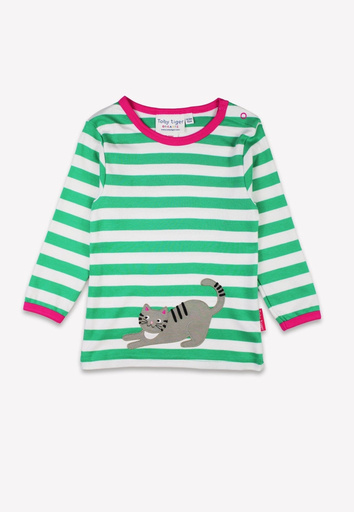 Toby Tiger Organic Green Kitten Applique Long-Sleeved T-Shirt