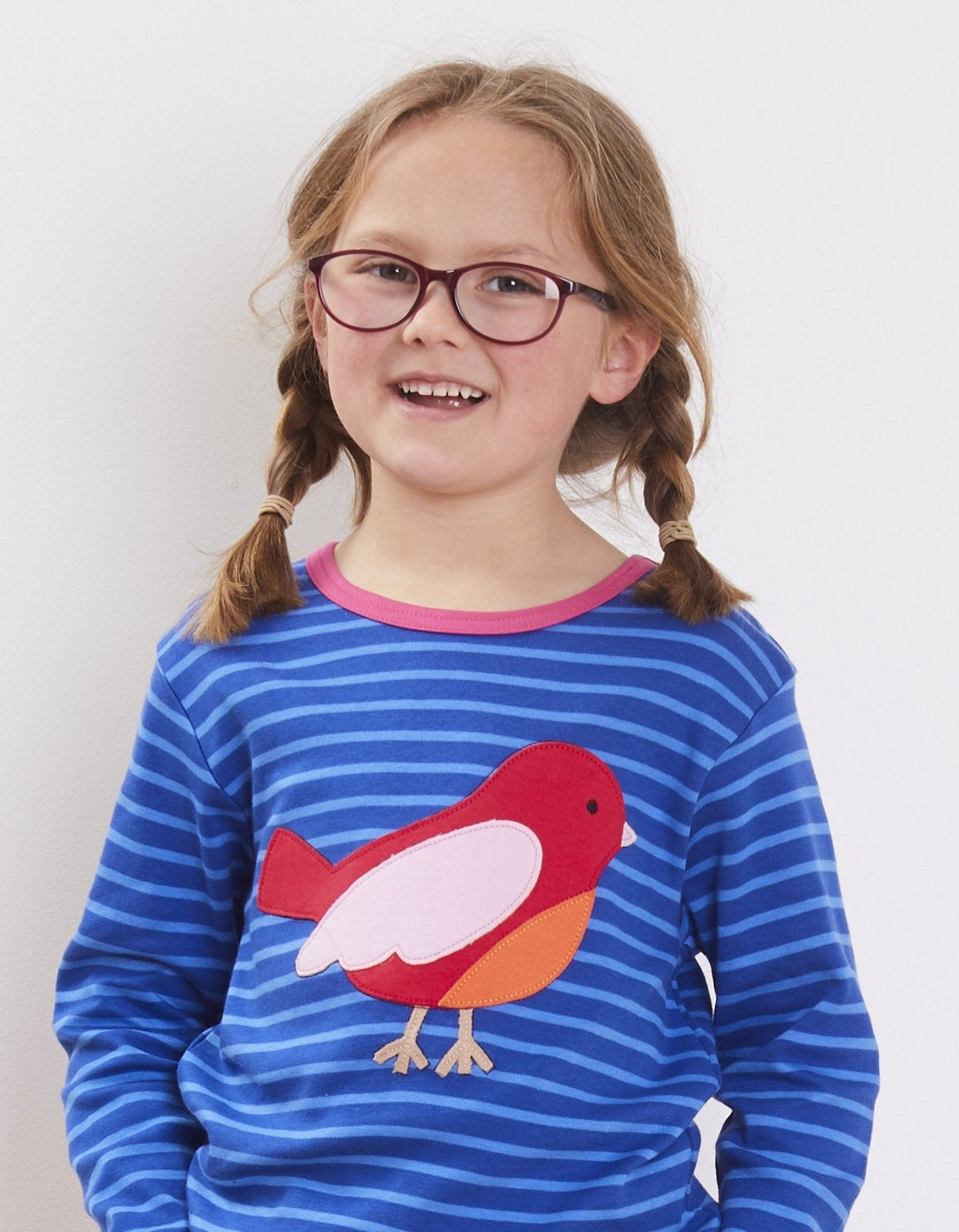 Toby Tiger Organic Red Bird Applique Long-Sleeved T-Shirt