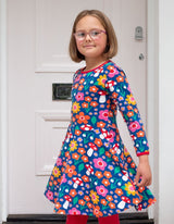 Toby Tiger Organic Floral Mushroom Print Long-Sleeved Skater Dress
