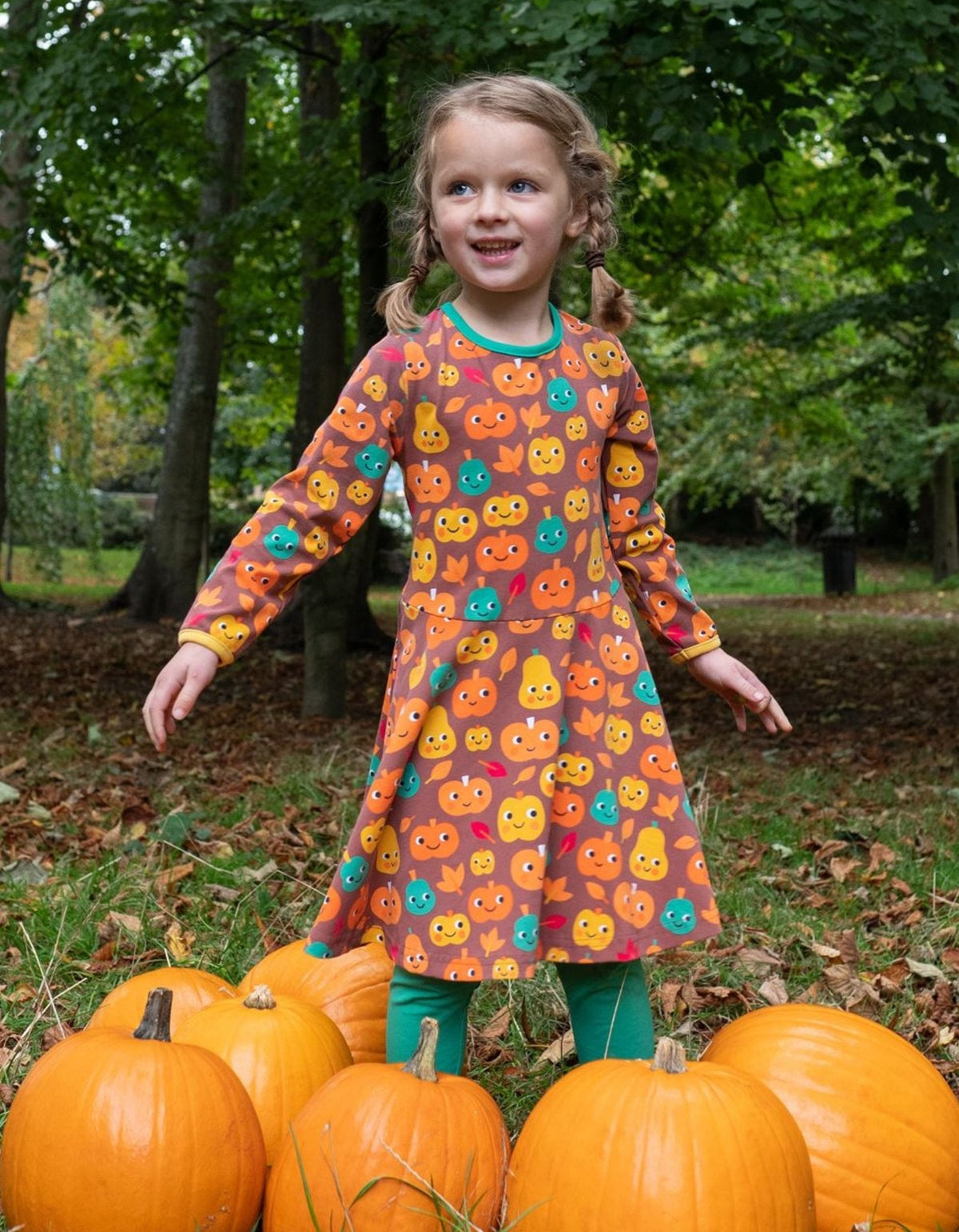 Toby Tiger Organic Pumpkin Print Long-Sleeved Skater Dress