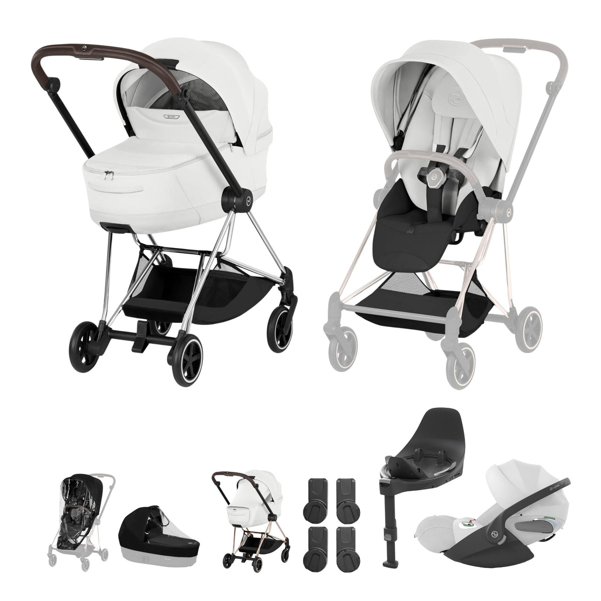 Cybex Mios Fold Cot Travel System Bundle - Style Off White & Chrome Brown Frame