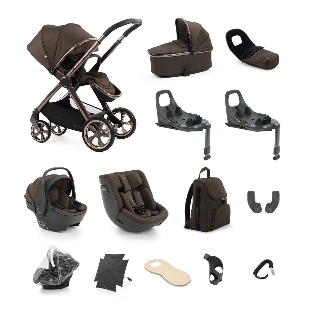 BabyStyle Oyster 4 Ultimate Baby & Toddler 360 Car Seat Bundle - Chocolate Velvet