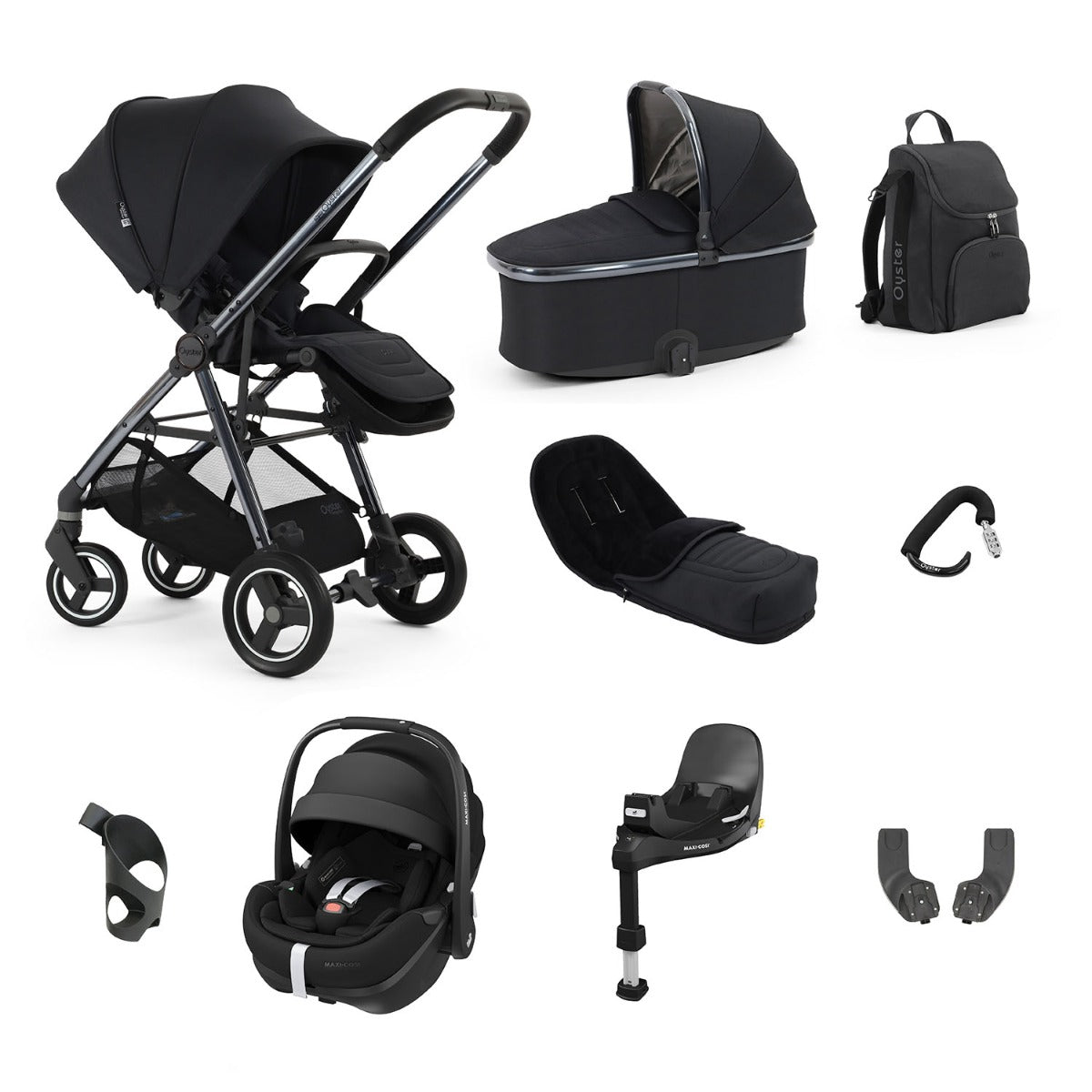 BabyStyle Oyster Gravity+ 9 Piece Maxi-Cosi Pebble 360 Pro2 Bundle - Carbonite