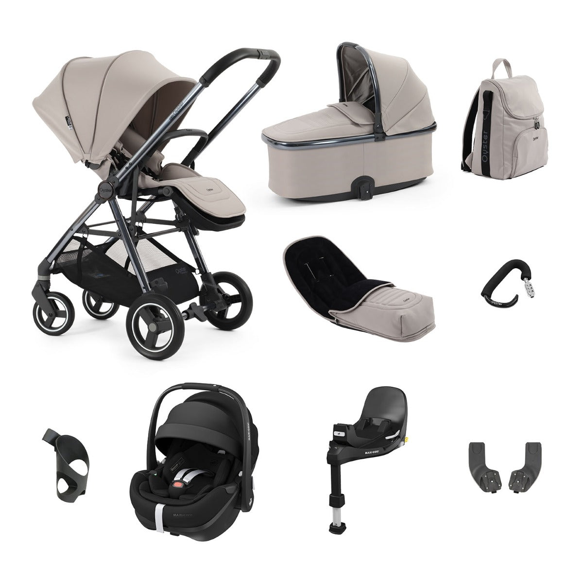 BabyStyle Oyster Gravity+ 9 Piece Maxi-Cosi Pebble 360 Pro2 Bundle - Stone