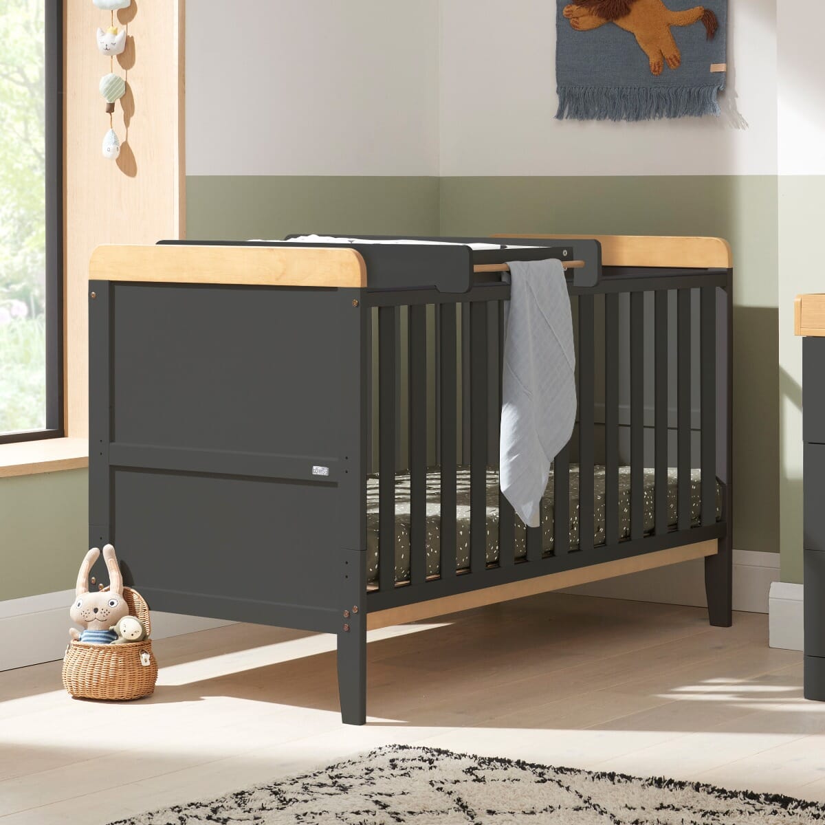 Tutti Bambini Rio Cot Bed with Cot Top Changer & Mattress - Honey Oak & Slate Grey