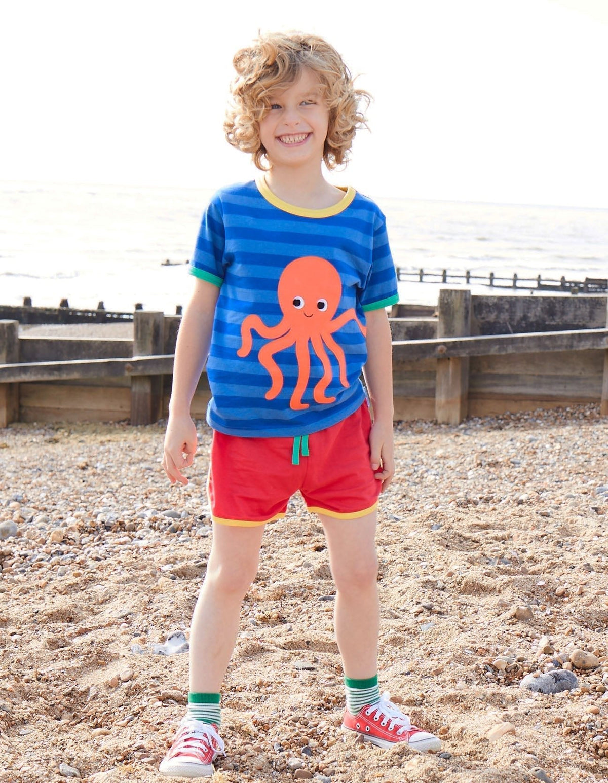 Toby Tiger Organic Octopus Applique Dark Blue Striped Short-Sleeved T-Shirt