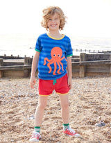 Toby Tiger Organic Octopus Applique Dark Blue Striped Short-Sleeved T-Shirt