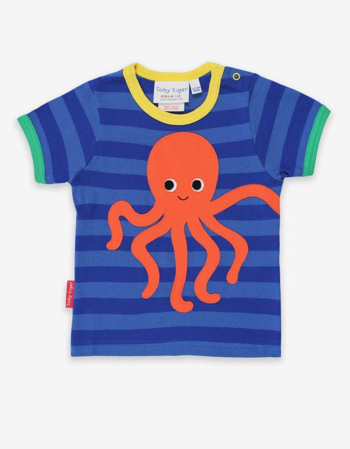 Toby Tiger Organic Octopus Applique Dark Blue Striped Short-Sleeved T-Shirt