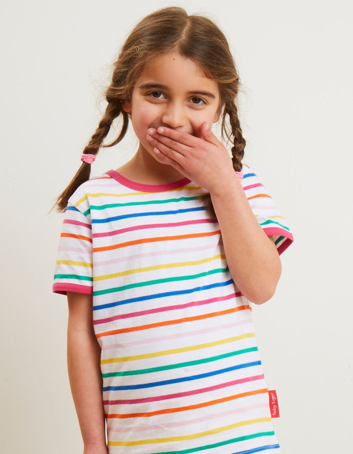Toby Tiger Organic Pink Rainbow Stripe Print Short-Sleeved T-Shirt