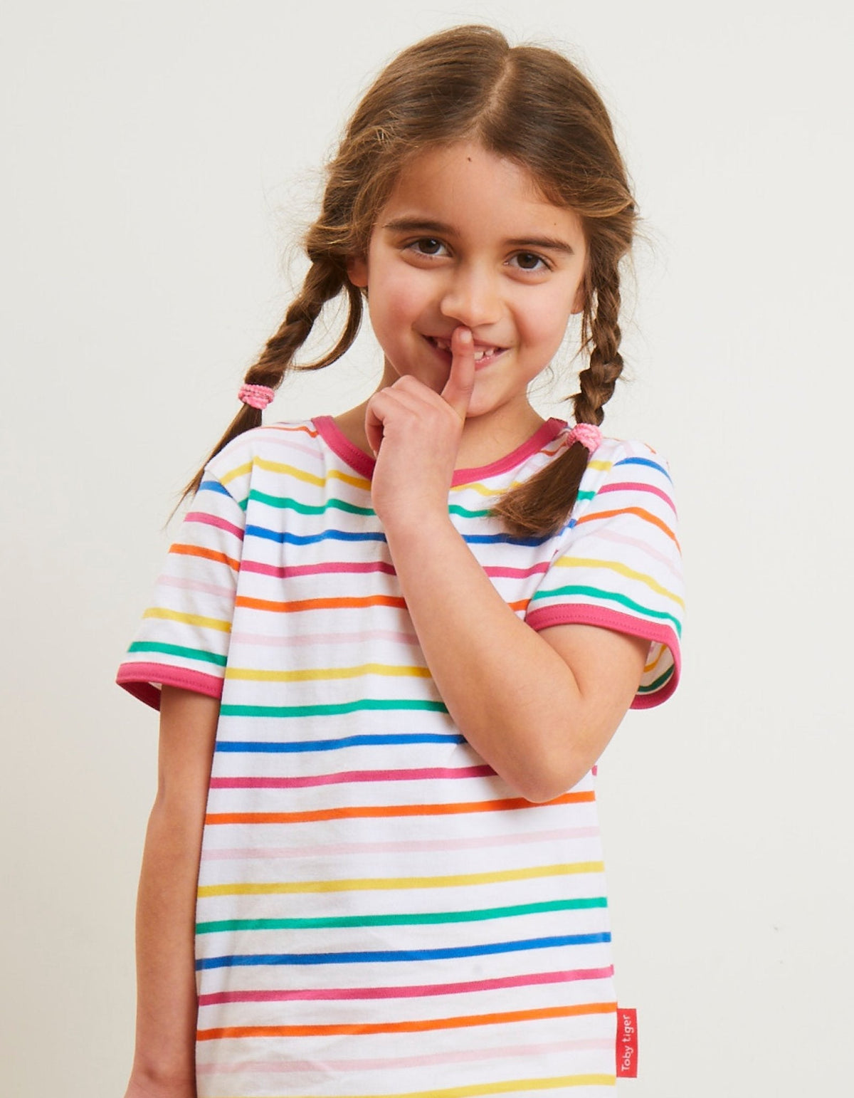 Toby Tiger Organic Pink Rainbow Stripe Print Short-Sleeved T-Shirt