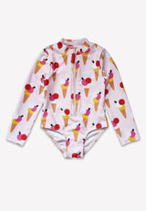 Toby Tiger Ice Cream Cones Print Long-Sleeved Kids' Swimsuit